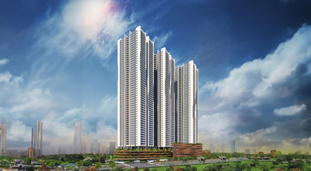 Modern high-rise luxury building with sleek architecture, landscaped surroundings, and urban skyline view, representing premium resorts in Hyderabad.