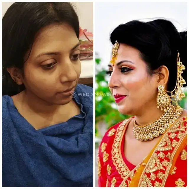 Side-by-side comparison of a woman before and after bridal makeup, showing a natural look on the left and a finished look with red and gold attire, jewelry, and styled hair on the right.