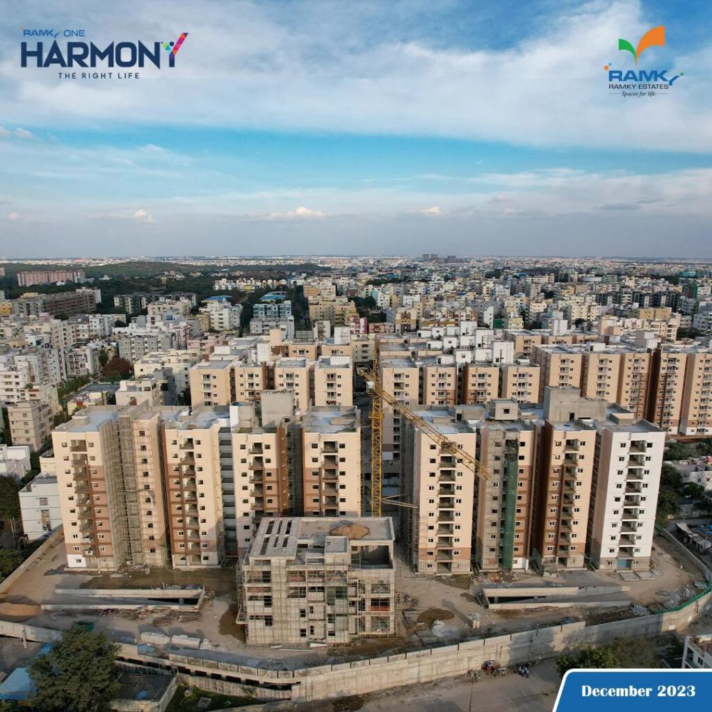 Aerial view of Ramky One Harmony residential project under construction Real Estate in Hyderabad, showcasing modern apartment buildings and urban development